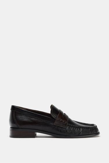 LEATHER LOAFERS WITH SQUARE TOE - Chocolate Brown by Zara