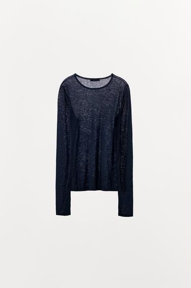 T-SHIRT 100% LAINE - Bleu marine de Zara - Image 8
