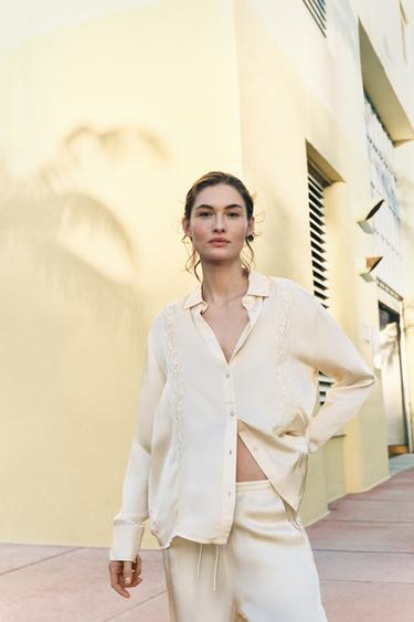 SATIN LACE BLOUSE - Oyster-white by Zara - Image 1