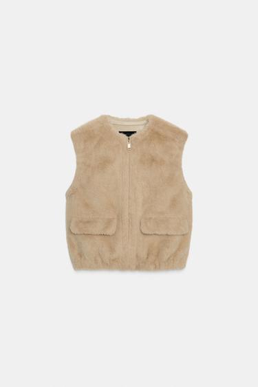 Zara FAUX FUR ZIP VEST - taupe brown
