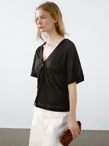 Zara 100% linen short sleeve cardigan - Black - Image 0