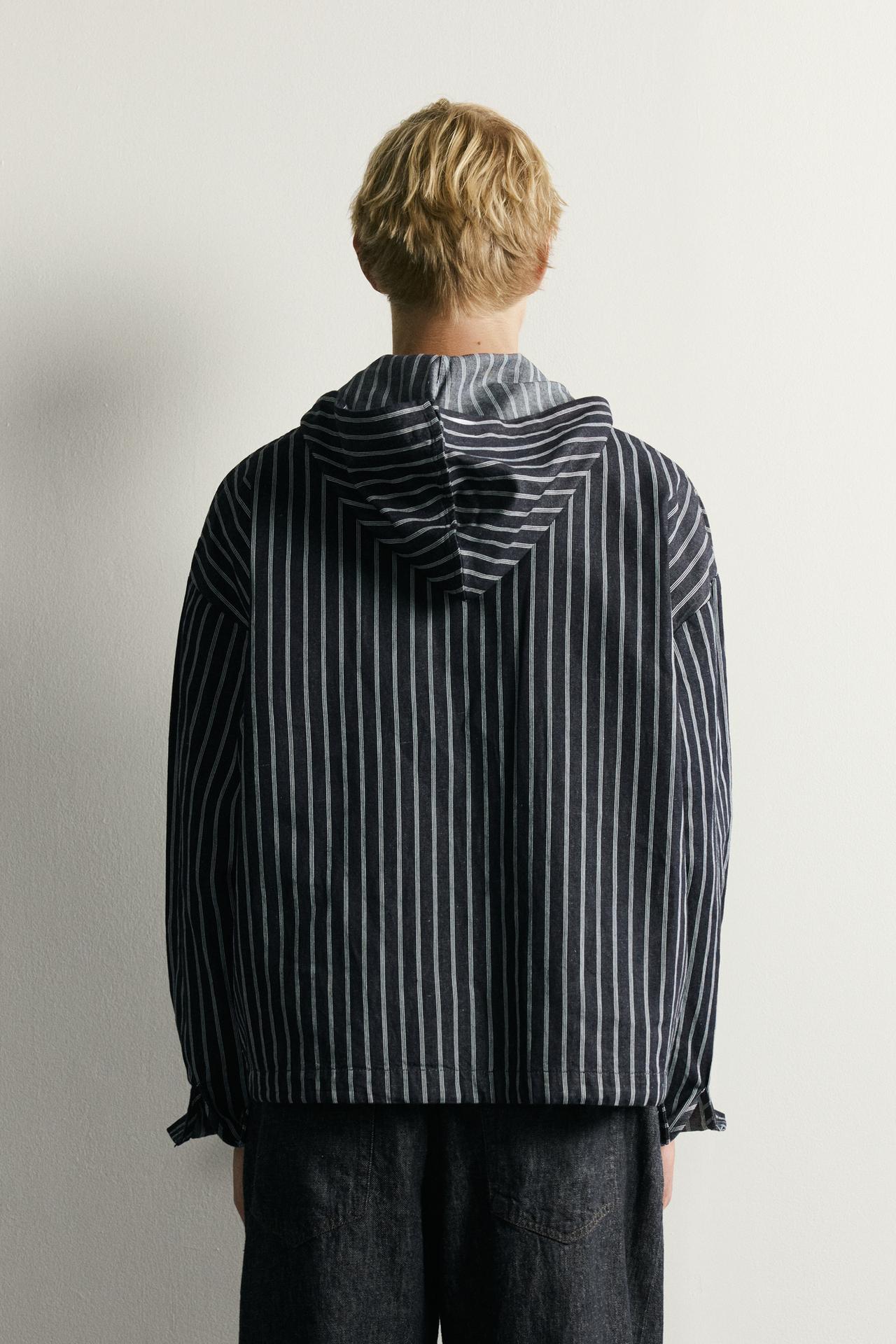 STRIPED COTTON-LINEN HOODIE OVERSHIRT — Blue