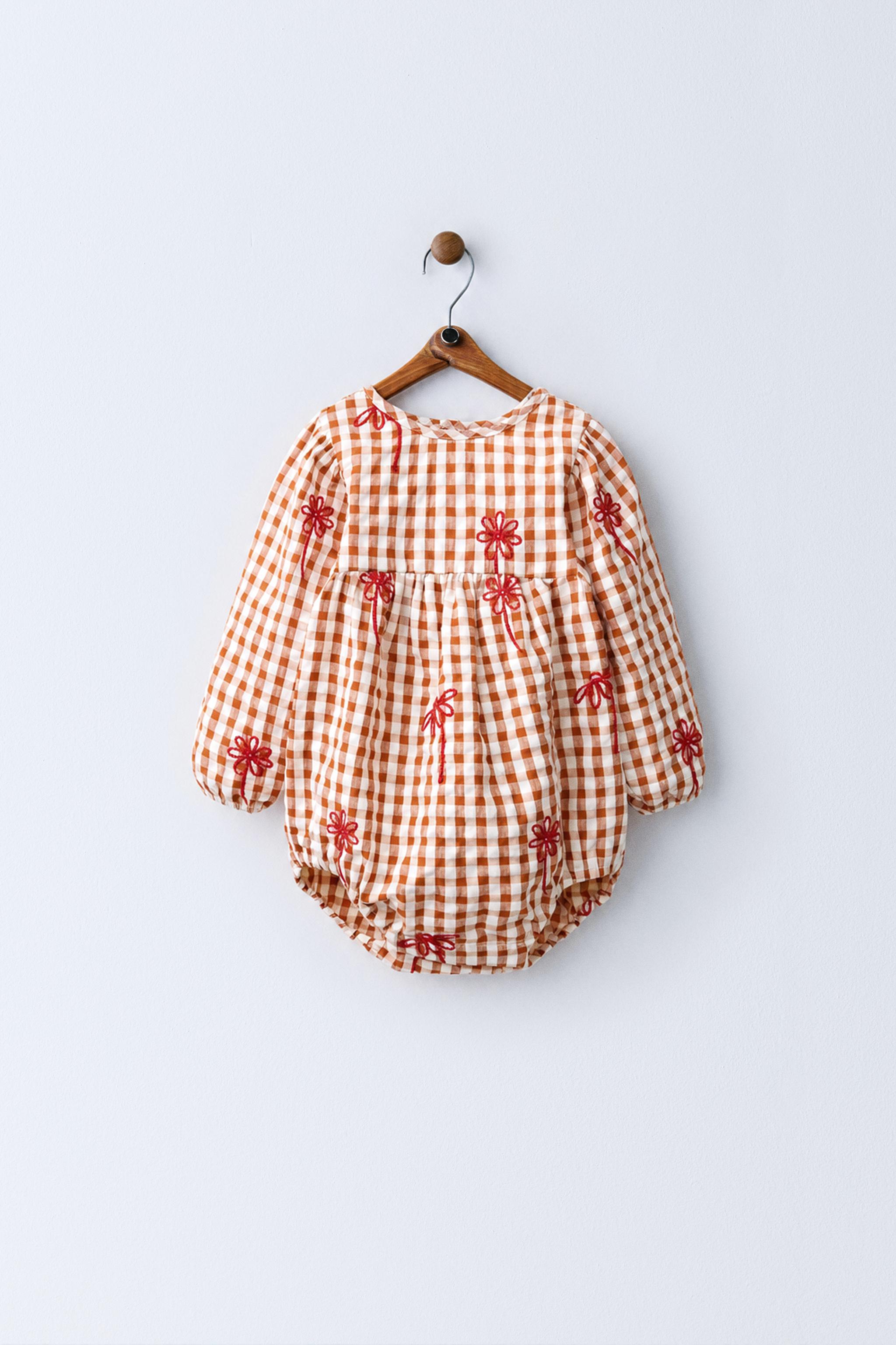 EMBROIDERED FLORAL GINGHAM ROMPER