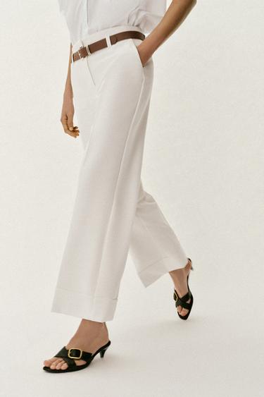 TROUSERS WITH TURN-UP CUFFS AND BELT - White by Zara - Image 3