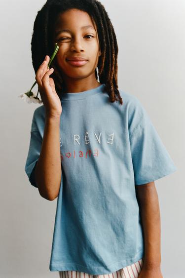 T-SHIRT WITH RAISED SLOGAN - Light blue by Zara