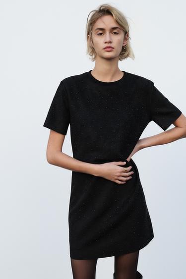 FAUX SUEDE DRESS WITH RHINESTONES - Black by Zara