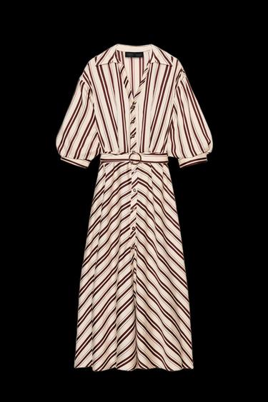 VESTIDO MIDI CINTURÓN RAYAS - Crudo / Granate de Zara