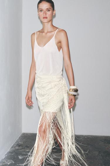 EMBROIDERED FRINGED WRAP SKIRT - Ecru by Zara - Image 3