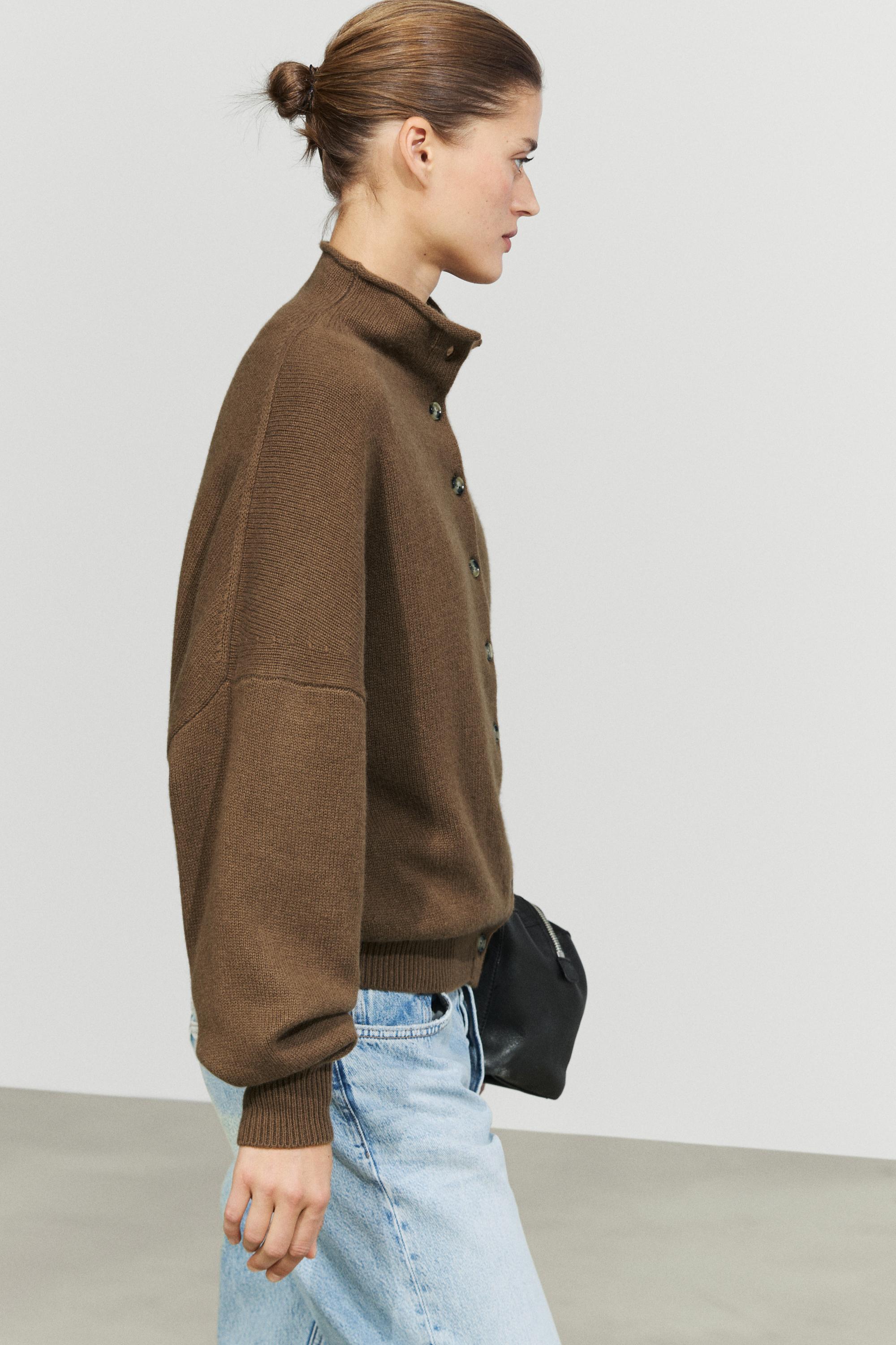 Wool and cashmere knit funnel neck cardigan