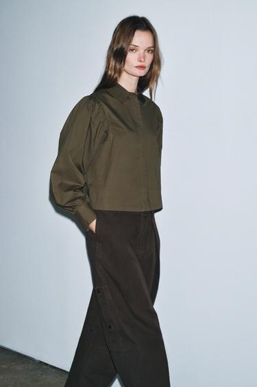 CAMISA DE POPELINA COM MANGA ABALONADA ZW COLLECTION - Caqui da Zara