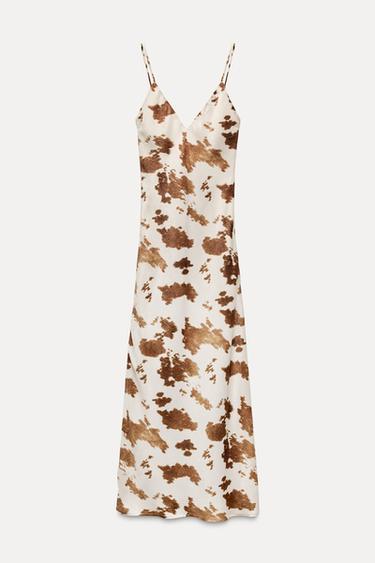 Zara PRINTED SATIN MIDI DRESS - Beige-brown