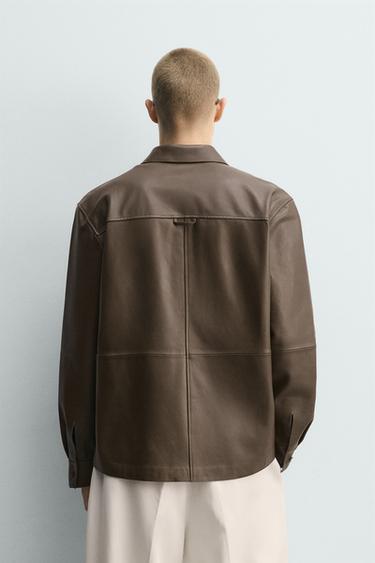 LEATHER SHIRT WITH POCKET - Khaki by Zara - Image 2