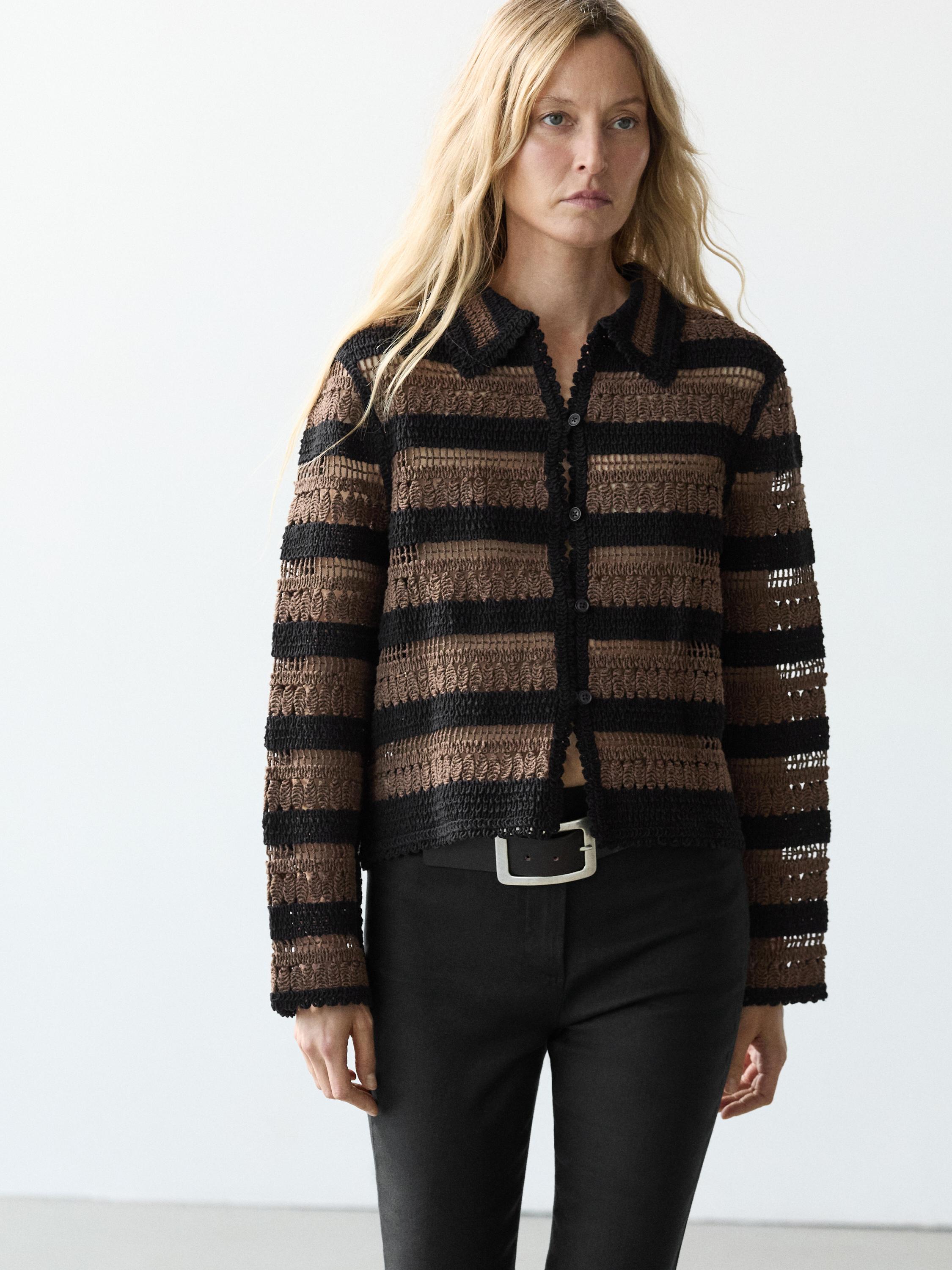 Short striped crochet knit cardigan