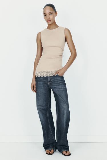 CAMISETA MANGA SISA ENCAJE - Cuerda oscuro de Zara - Imagen 0