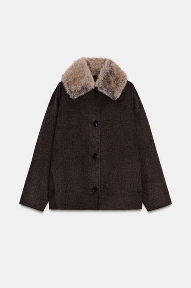 MANTEAU AVEC LAINE COL EFFET FOURRURE - Kaki foncé de Zara - Image 6