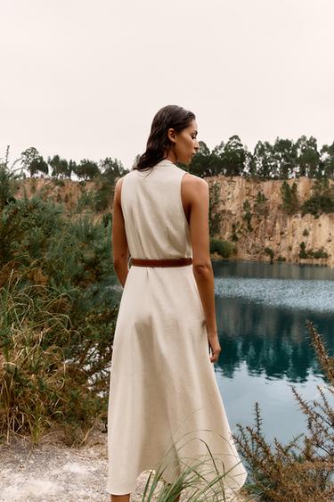 ROBE MIDI AVEC CEINTURE EN LIN - Beige clair de Zara - Image 4