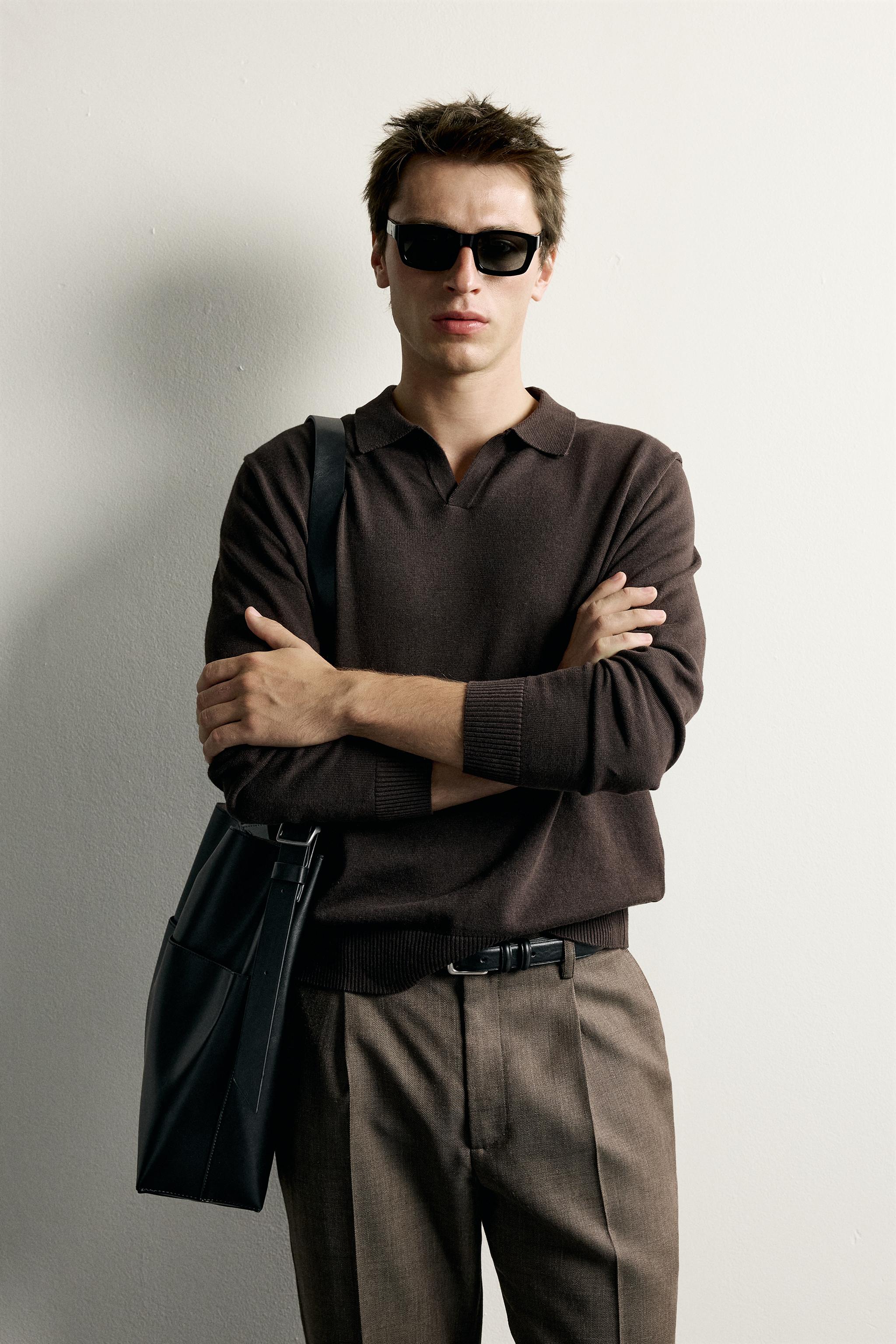 COTTON-LINEN REGULAR FIT KNIT POLO — Brown