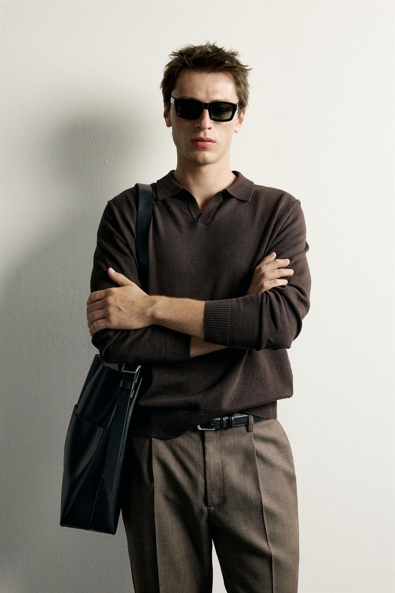 COTTON-LINEN KNIT REGULAR FIT POLO — Brown