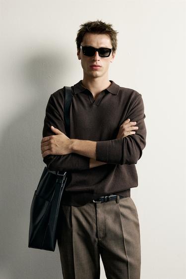 Zara COTTON-LINEN REGULAR FIT KNIT POLO - Brown