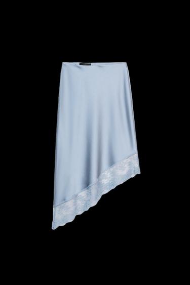 FALDA MIDI SATINADA BAJO ASIMÉTRICO ENCAJE - Azul / Gris de Zara