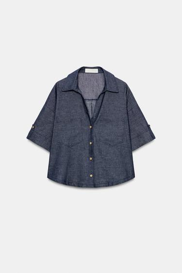 CAMISA CROP EFECTO DENIM BOTONES - Índigo de Zara