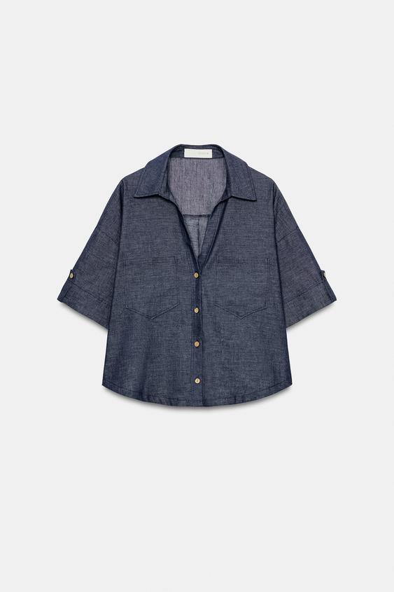 CAMISA CROP EFECTO DENIM BOTONES - Índigo de Zara - Imagen 0