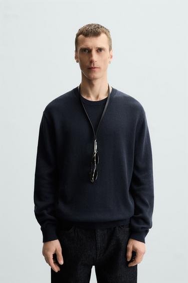 Zara COTTON - LINEN BLEND SWEATER - Navy blue