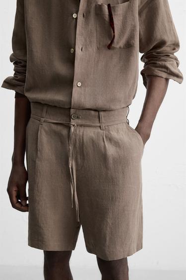 100% LINEN BERMUDA SHORTS WITH BELT - Brown / Taupe by Zara - Image 3