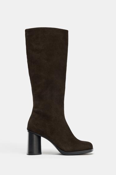 Zara TOPSTITCHED SPLIT LEATHER BOOTS - Chocolate Brown