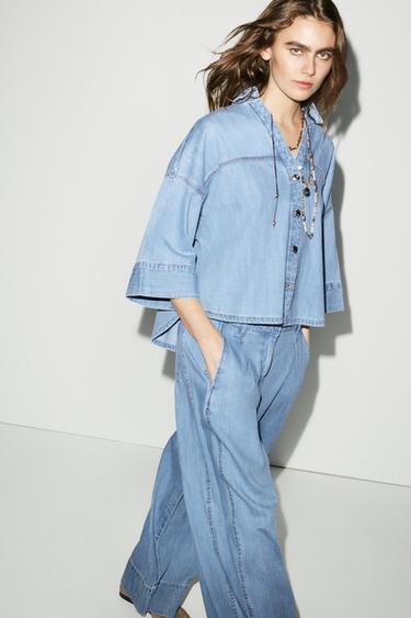Zara Z1975 WIDE-SLEEVE DENIM SHIRT - Mid-blue