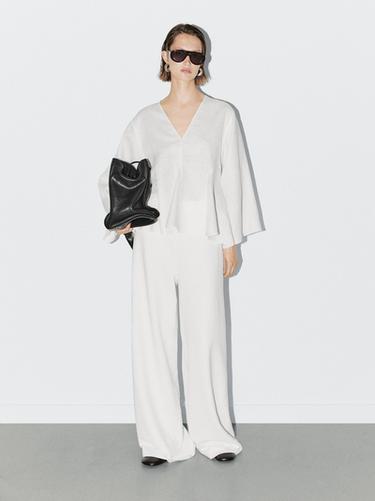 Chemisier avec godets 100 % lin - STUDIO - Blanc de Zara