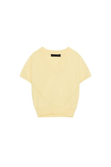 SHORT SLEEVE V-NECK KNIT TOP - Light yellow by Zara