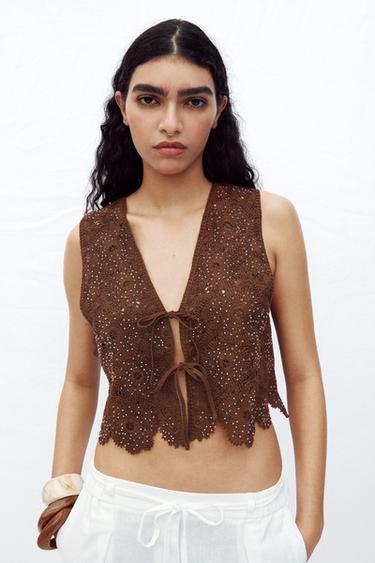 Zara CROCHET VEST TOP - Light brown