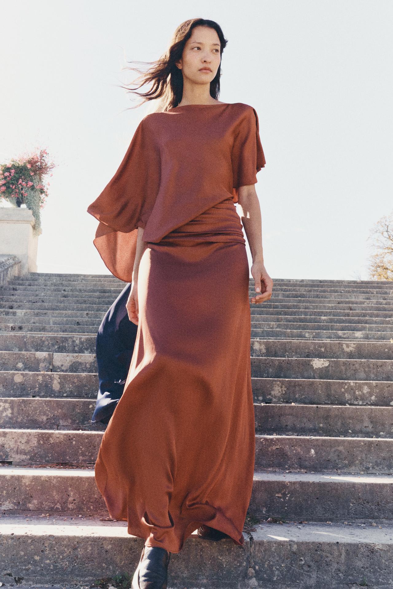 SATIN LONG DRESS ZW COLLECTION — Dark pink