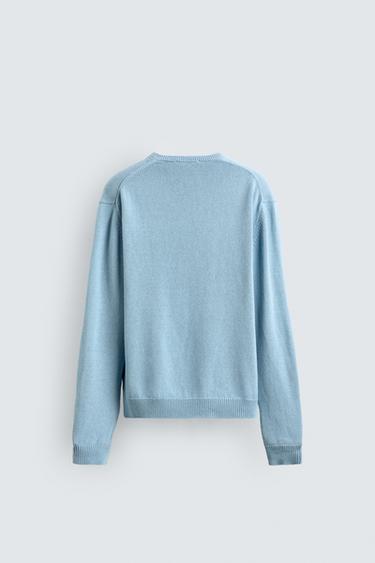 PULL COL EN V COTON ET LIN - Bleu clair de Zara - Image 7