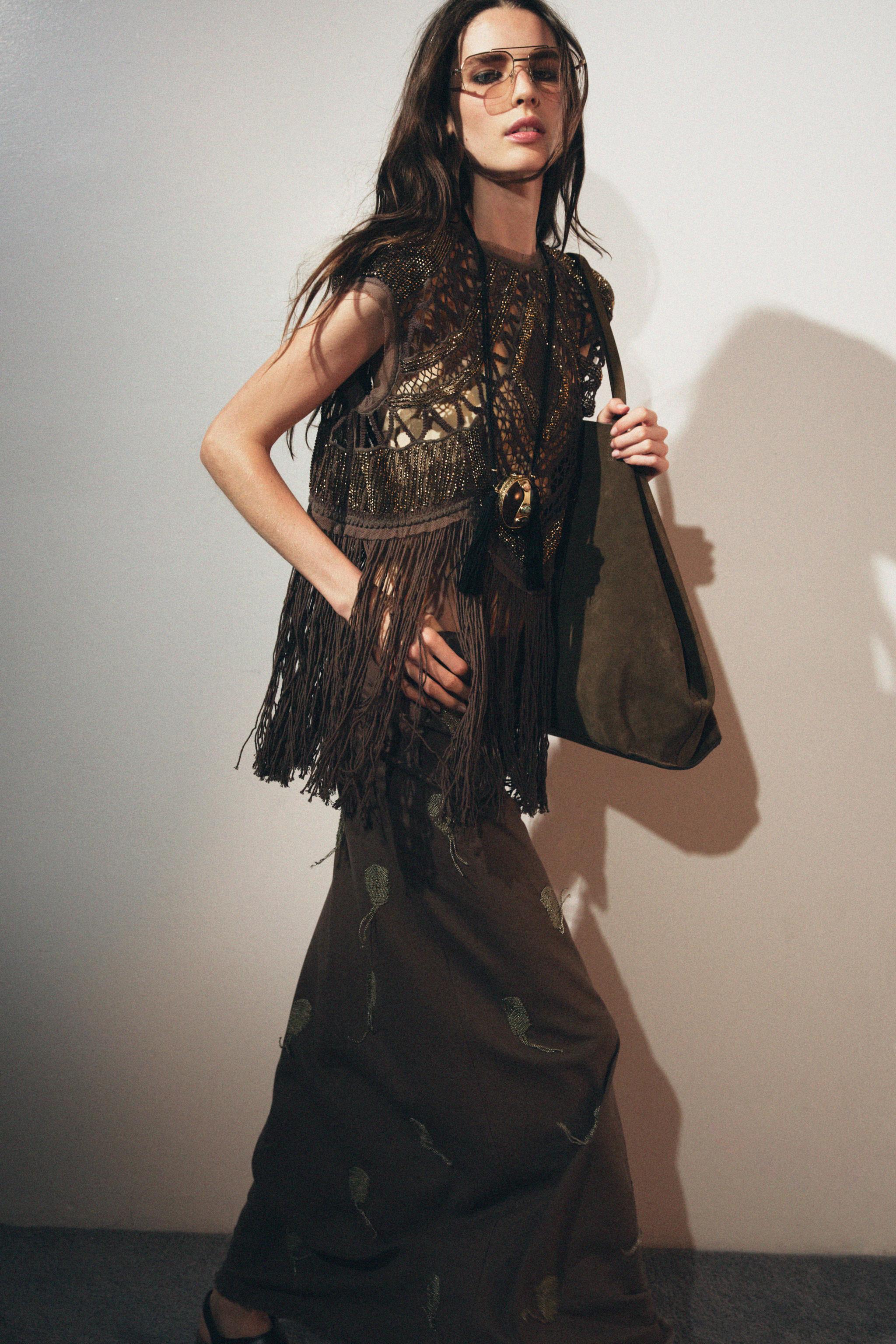 ZW COLLECTION BEADED CROCHET TOP - Brown | ZARA United States