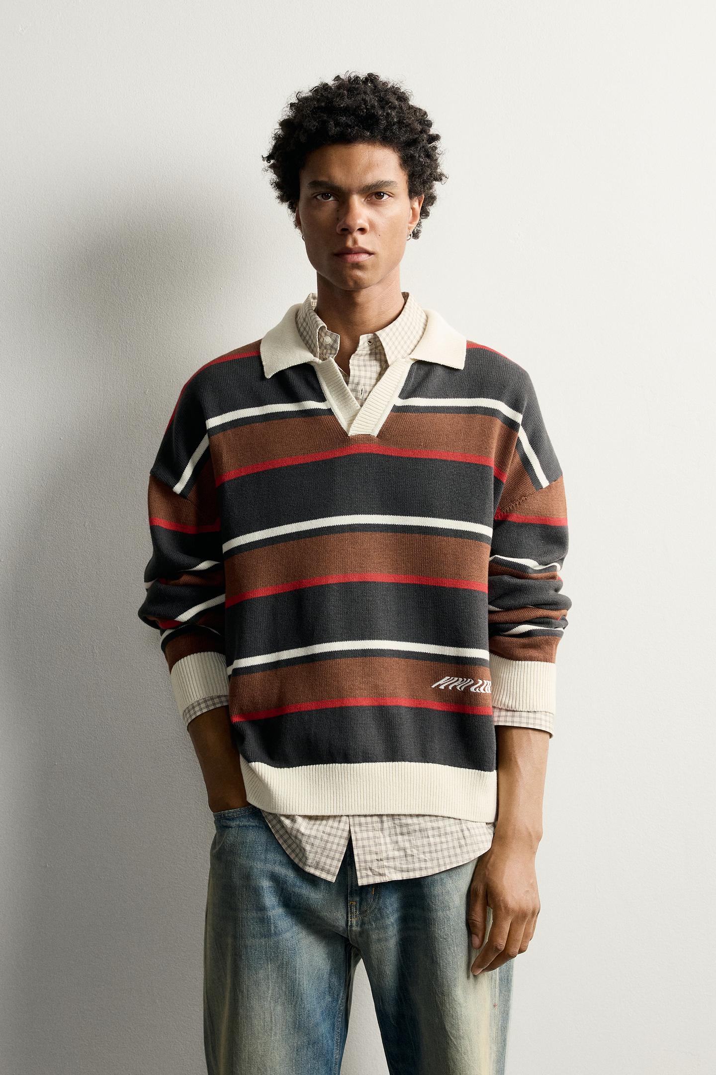 Мужское поло Zara Floral Intarsia Striped Polo, цвет: Антрацитовый серый — фото 2