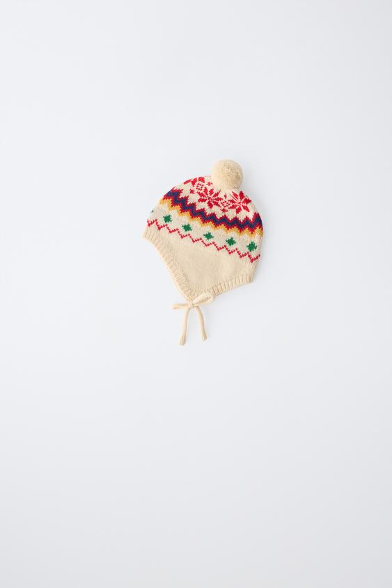 WOOL BLEND JACQUARD POM-POM BONNET - Ecru de Zara - Imagen 0