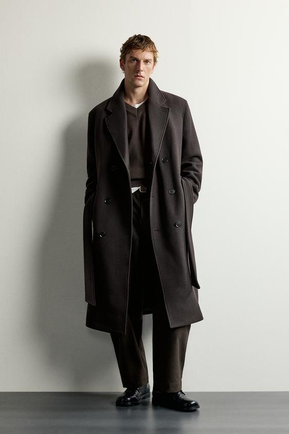 MANTEAU À BOUTONNAGE CROISÉ AVEC LAINE ET CEINTURE - Marron de Zara - Image 0