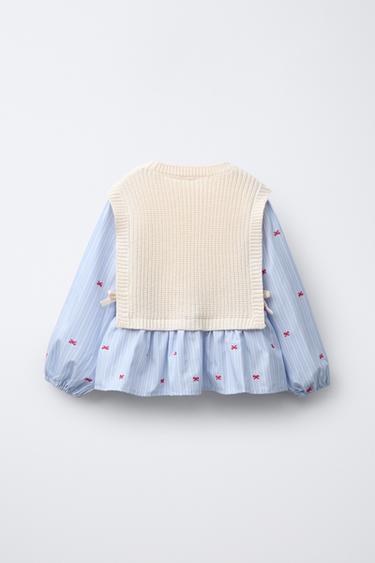 EMBROIDERED SHIRT WITH BOWS AND KNITTED WAISTCOAT - Ecru / Blue by Zara - Image 1
