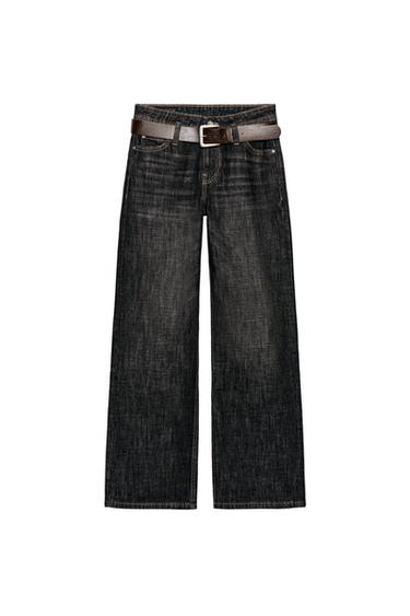 جينز Z1975 بساق مستقيمة وخصر متوسط مع حزام - رمادي داكن by Zara