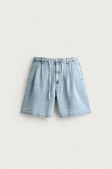 Zara SOFT STRUCTURED PLEATED BERMUDA SHORTS - Light blue