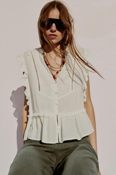 Zara EMBROIDERED RUFFLE TOP - White