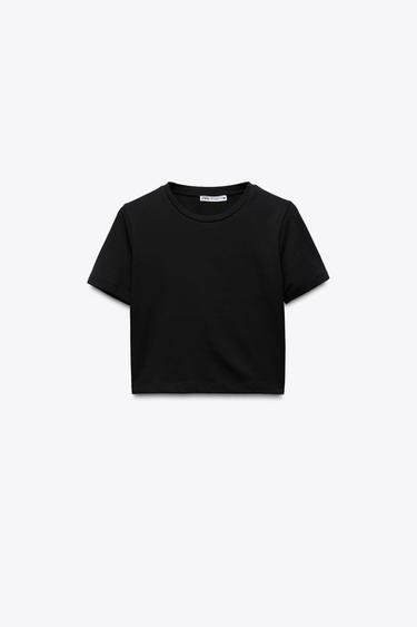 Zara STRETCH CROPPED T-SHIRT - Black