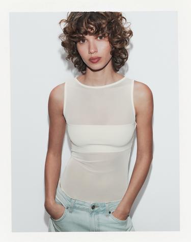 Zara COMBINATION TULLE BODYSUIT - Ecru