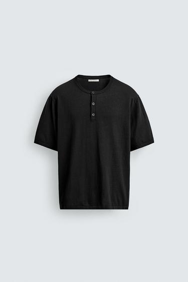 ヘンリーネックニットTシャツブラックZaraのヘンリーネックニットTシャツ - ブラック