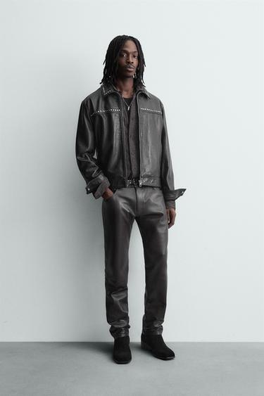 Zara STUDDED LEATHER JACKET - Black