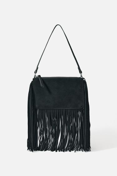 Zara FRINGED SPLIT LEATHER MINI CROSSBODY BAG - Black