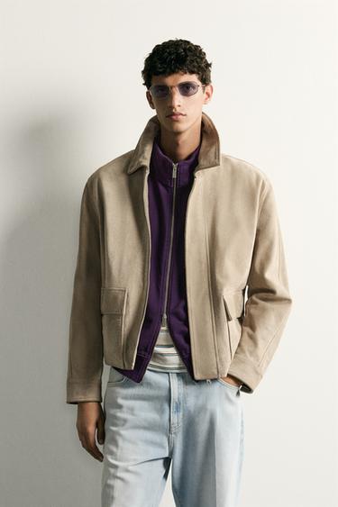 RELAXED FIT LEATHER JACKET WITH POCKETS - Taupe grey by Zara
