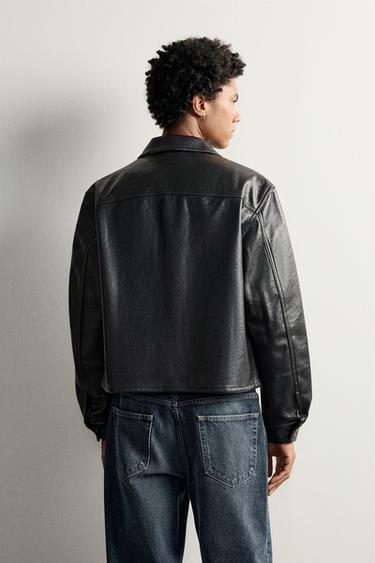 CROPPED-FIT FAUX LEATHER-EFFECT OVERSHIRT — Chocolate 2